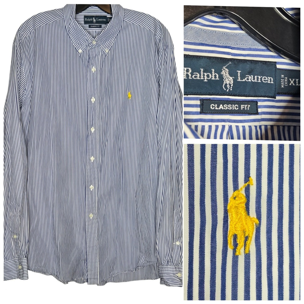 Ralph Lauren Men XL Classic Fit Blue White Striped Button Down Shirt yellow Pony